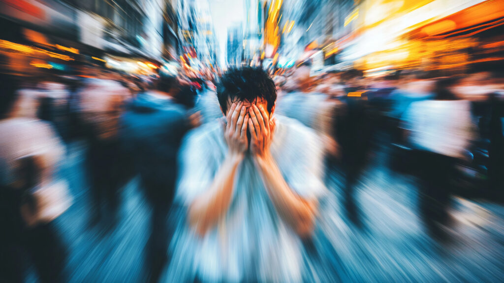 Man holding his face experiencing anxiety and panic.